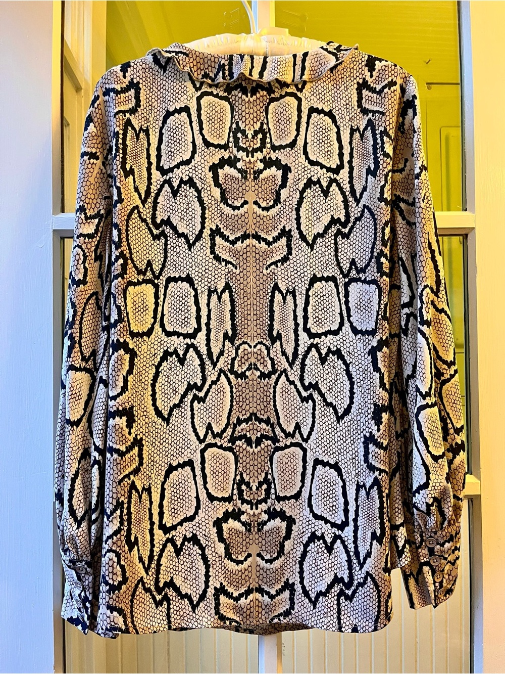 CAbi Snake Print Long Sleeve Blouse with Ruffle Collar in Black and Cream - Picture 3 of 10